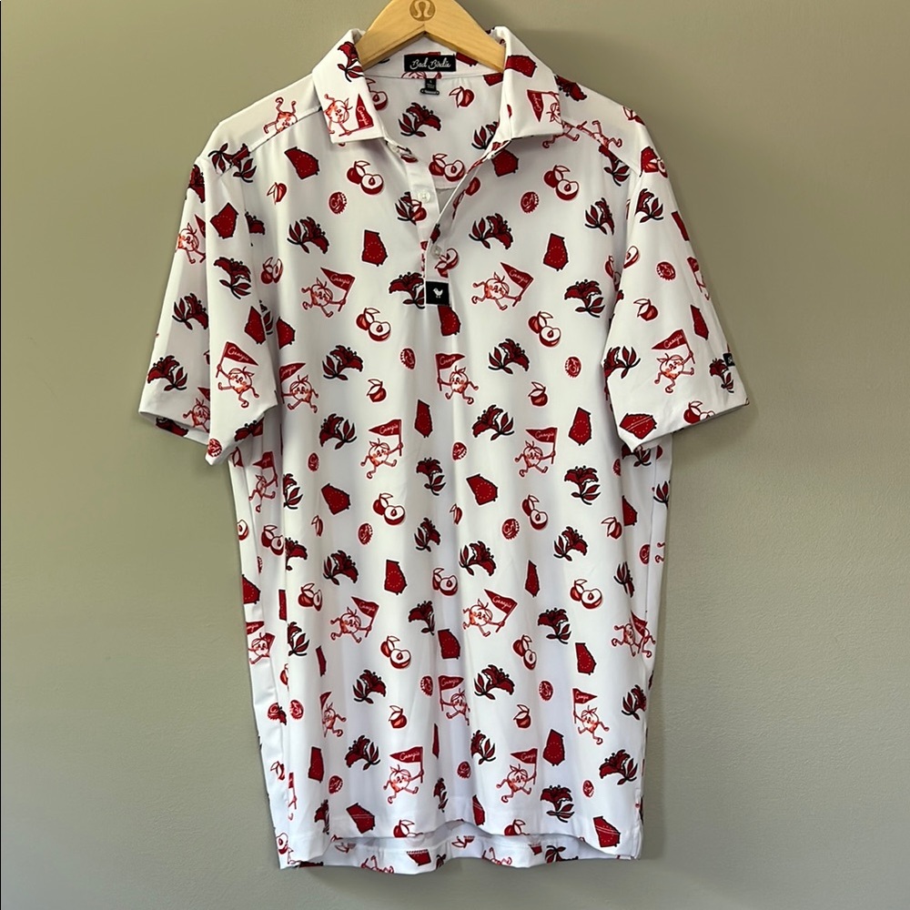 Bad Birdie Core Polo Georgia Bulldogs Georgia Peach‎ Men’s Sz Lrg White Red